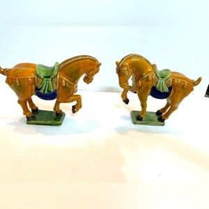 Vintage Chinese Tang Dynasty Glazed Ceramic Horses Figurine Sculpture